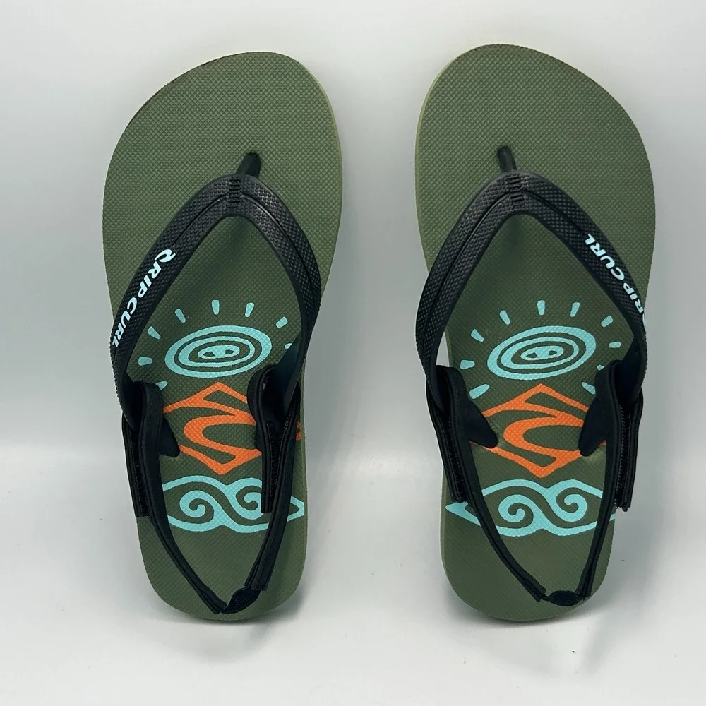 Rip Curl Surf Kids Flip Flop Bloom Thong Sandal Removable Strap Olive Green Sz 2